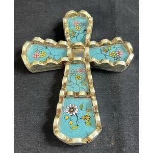 Peru Mohena Wood Cross w Mirror Reverse Painted Glass Artisan 5” X 6.5” Floral